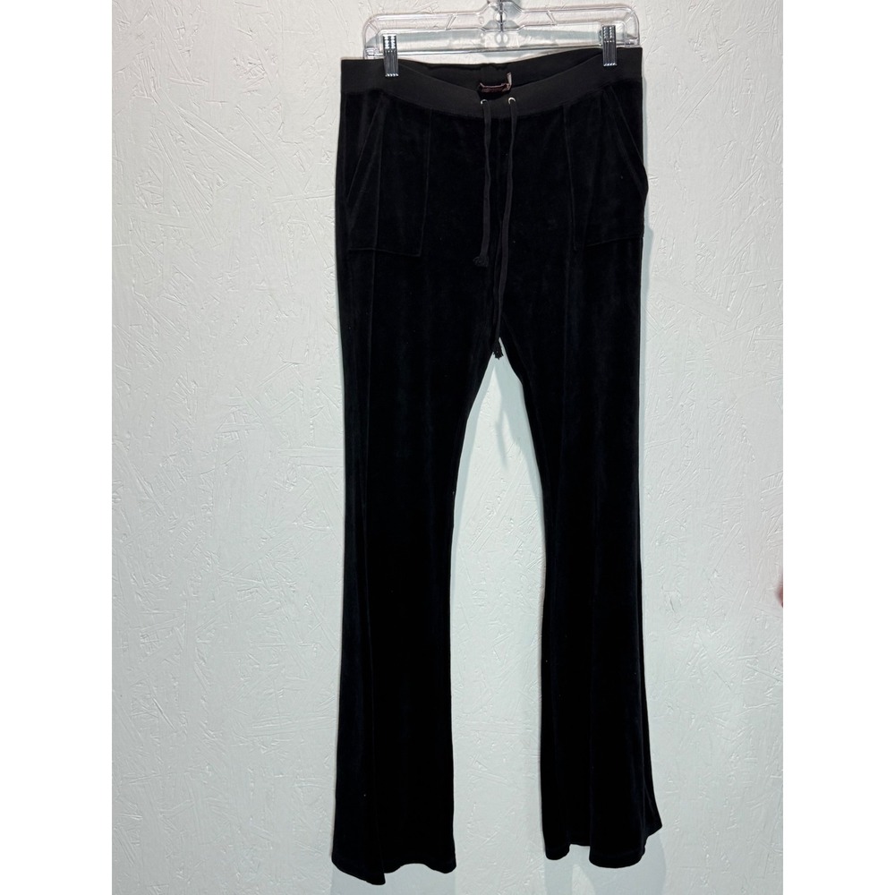 Vintage Juicy Couture Black Velour Track Pants Flare Y2K Women Medium 35 Inseam